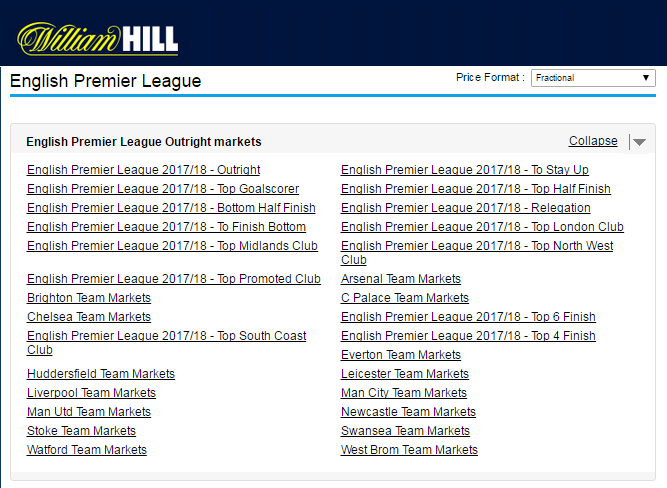 current Premier League odds & results at William Hill